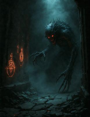 The primary subject of the image is a demonic creature with long, sharp claws and a menacing appearance. It is standing in a dark, foggy environment, possibly a cave or a dungeon. The visual style of the image is a combination of photo and digital art, creating a dramatic and eerie atmosphere. The dominant colors in the image are dark shades, such as black, grey, and red, which contribute to the demonic and ominous mood.